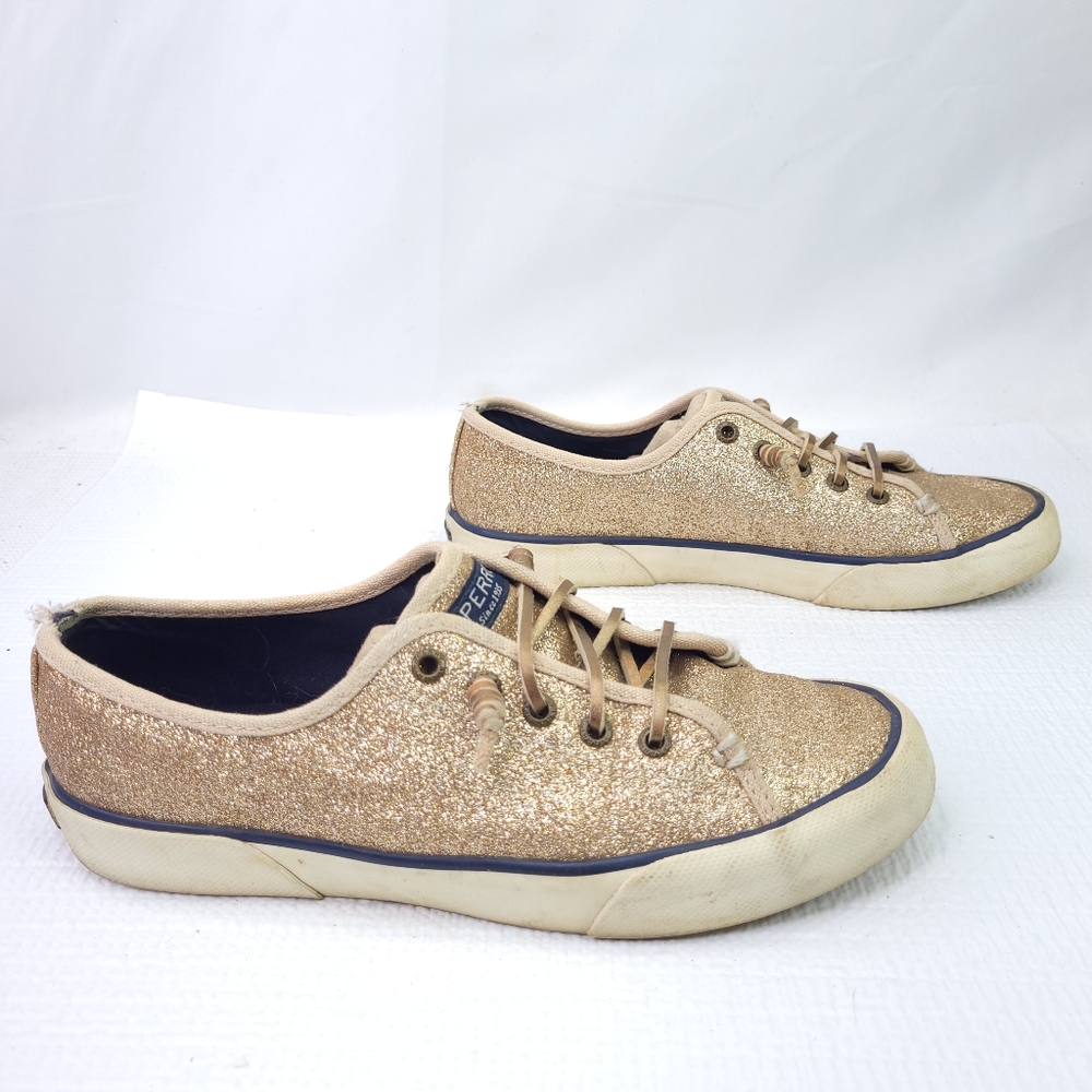 Sperry Pier View Sneakers Gold Glitter Lace Up Flats Sparkle Shoes Womens Size 7